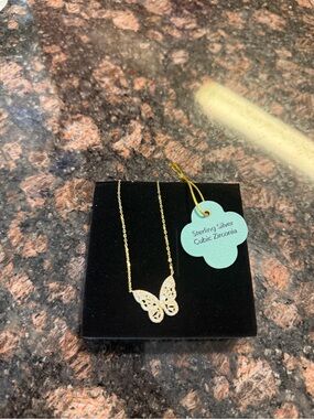 Sterling Silver Gold Butterfly Cubic Zirconia Necklace